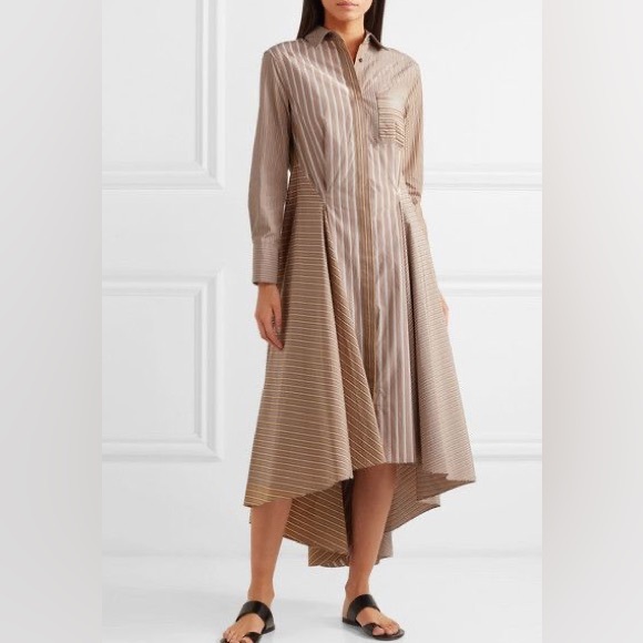 Brunello Cucinelli Beige and Brown Striped High-Low Dress - Picture 2 of 9